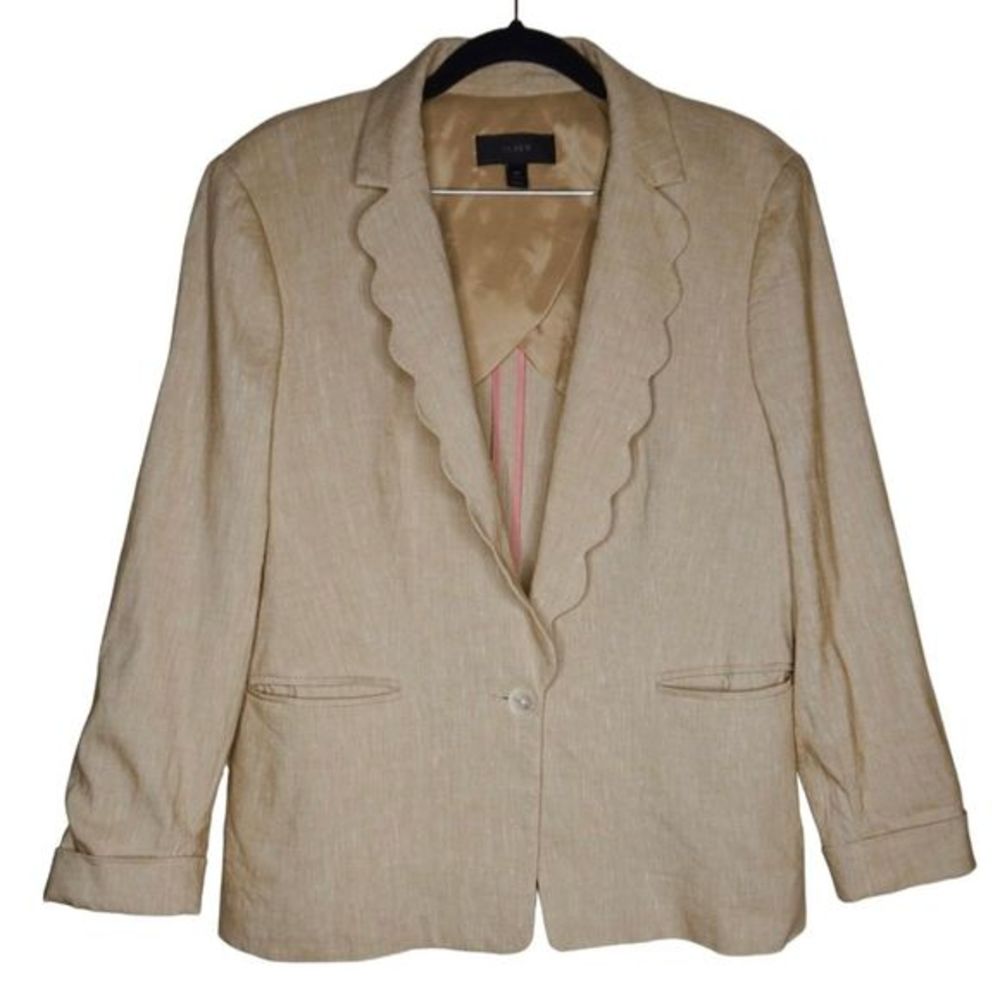 J. Crew Women's Linen Blazer Sz 10P‎ Scalloped Lapel Collar Tan Single Button